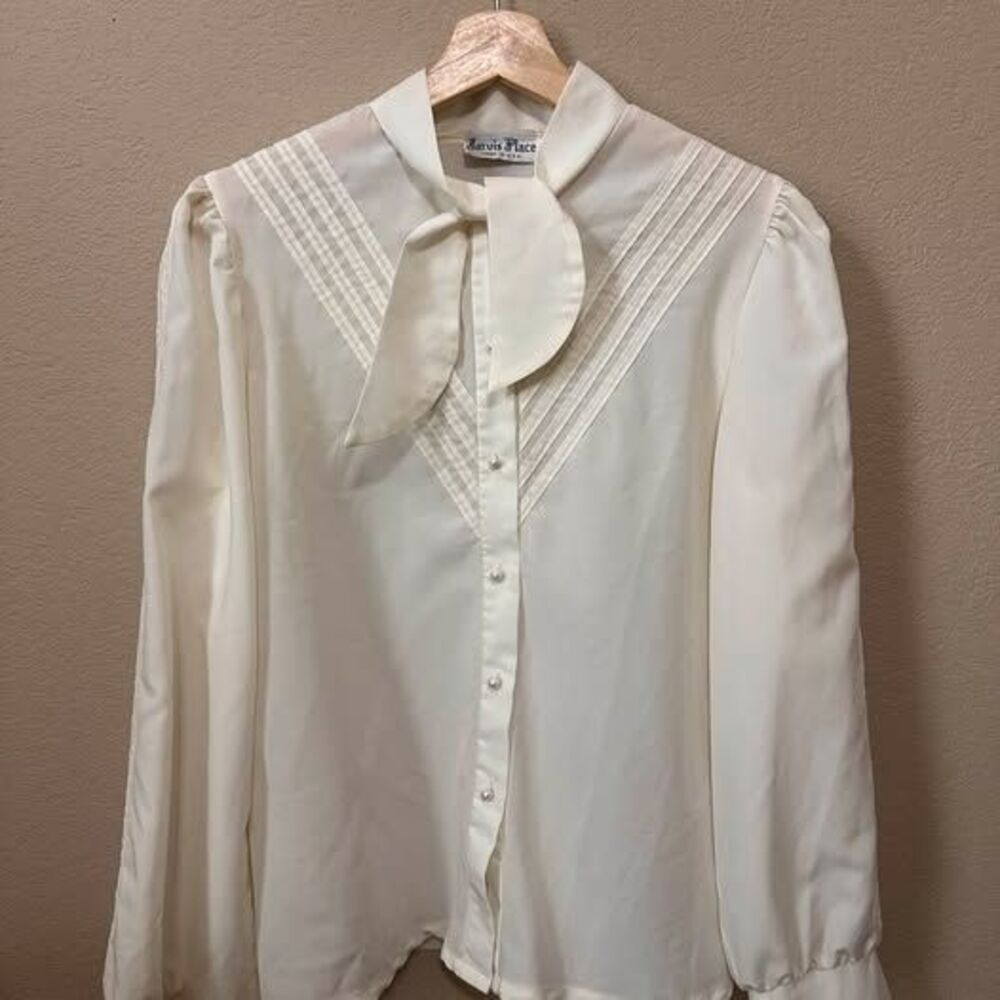Vintage Jarvis Place Bow Tie Blouse with Pearl Accents - Estimate Size Medium